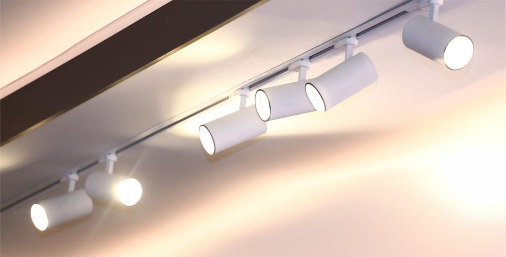 Adjustable track lights on a ceiling
