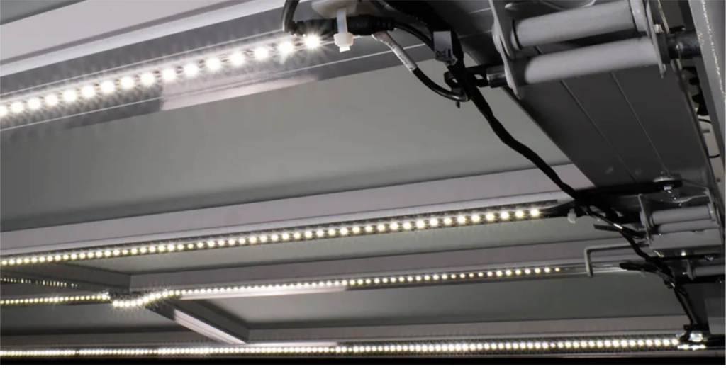 LED strip lights installed on a metal structure