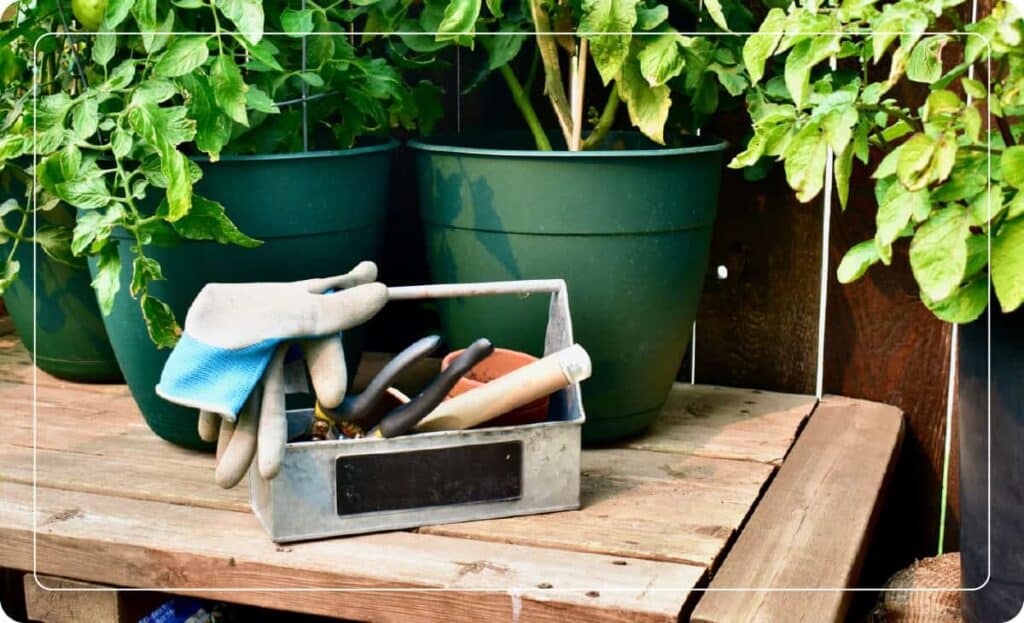 potting bench with gardening tools