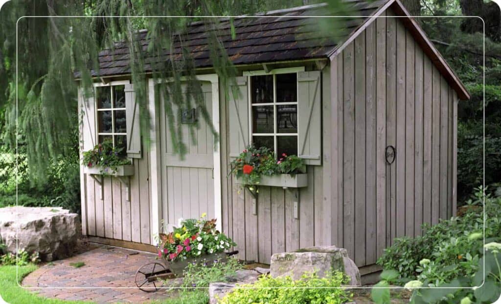 cottage style shed in backyard