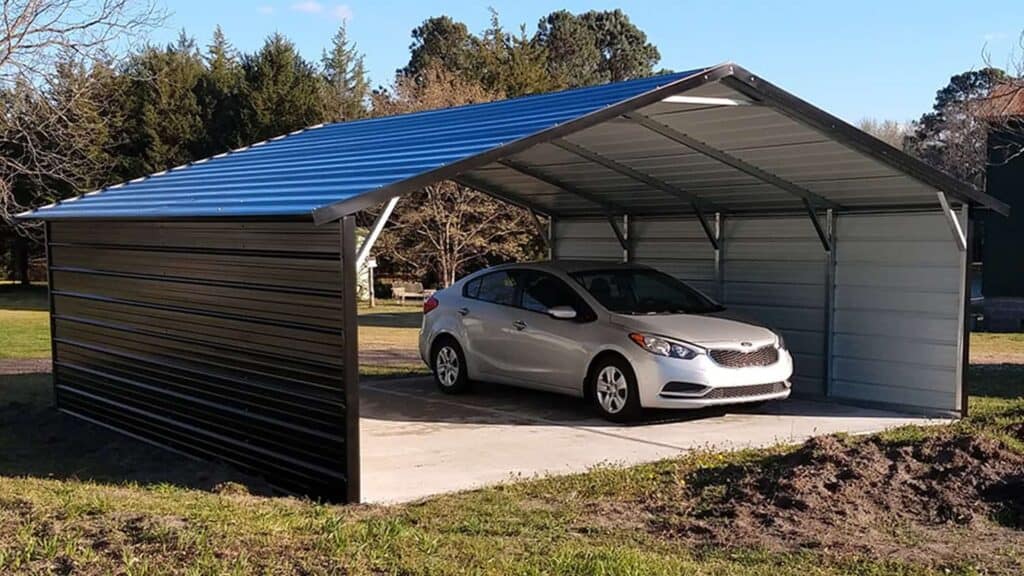 blue metal carport with boxed-eave roof style