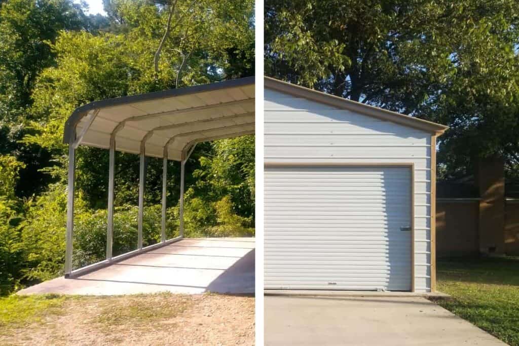 A metal carport and garage are seen side-by-side, showing the potential to convert a carport to a garage.