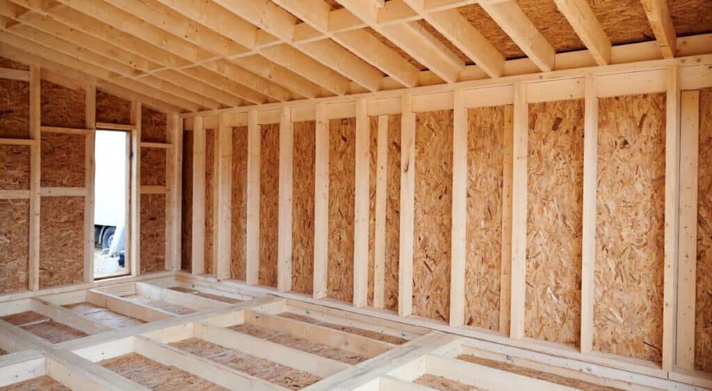 Bare framing of a garage with exposed studs and joists. 