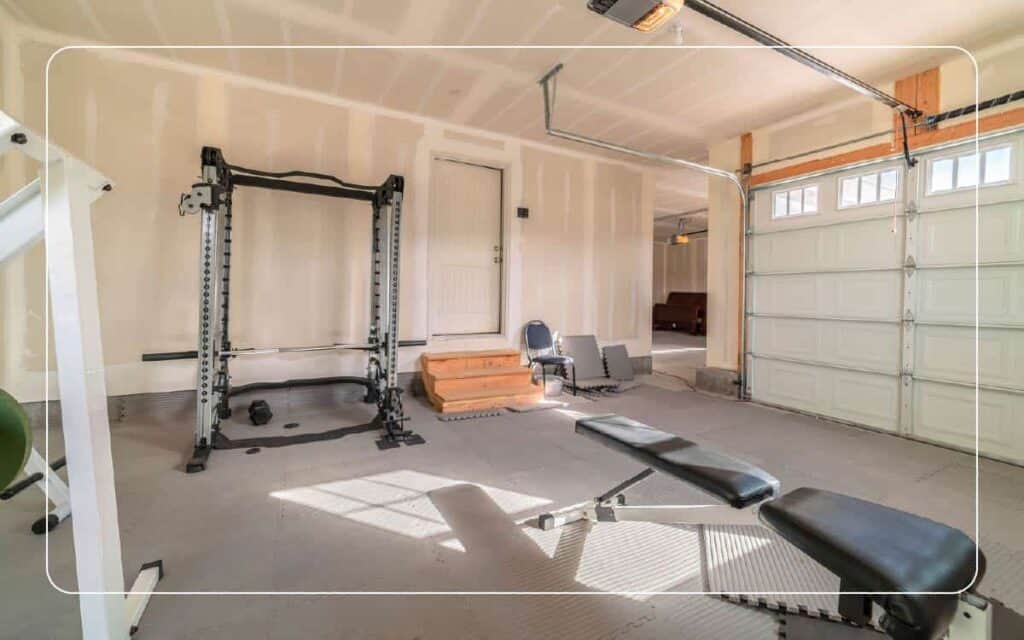 fitness equipment inside a garage to use as a gym