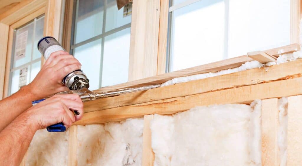 Spray foam insulation is installed in framing gaps where fiberglass insulation can't fit. 
