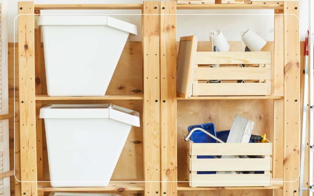 organization bins on a storage rack 