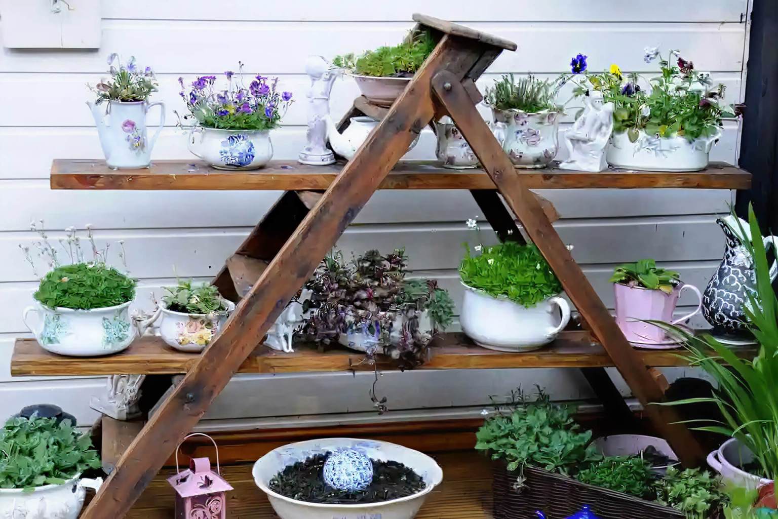Ladder organizer with plants. 