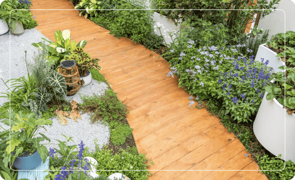 pallet wood walkway with plants 