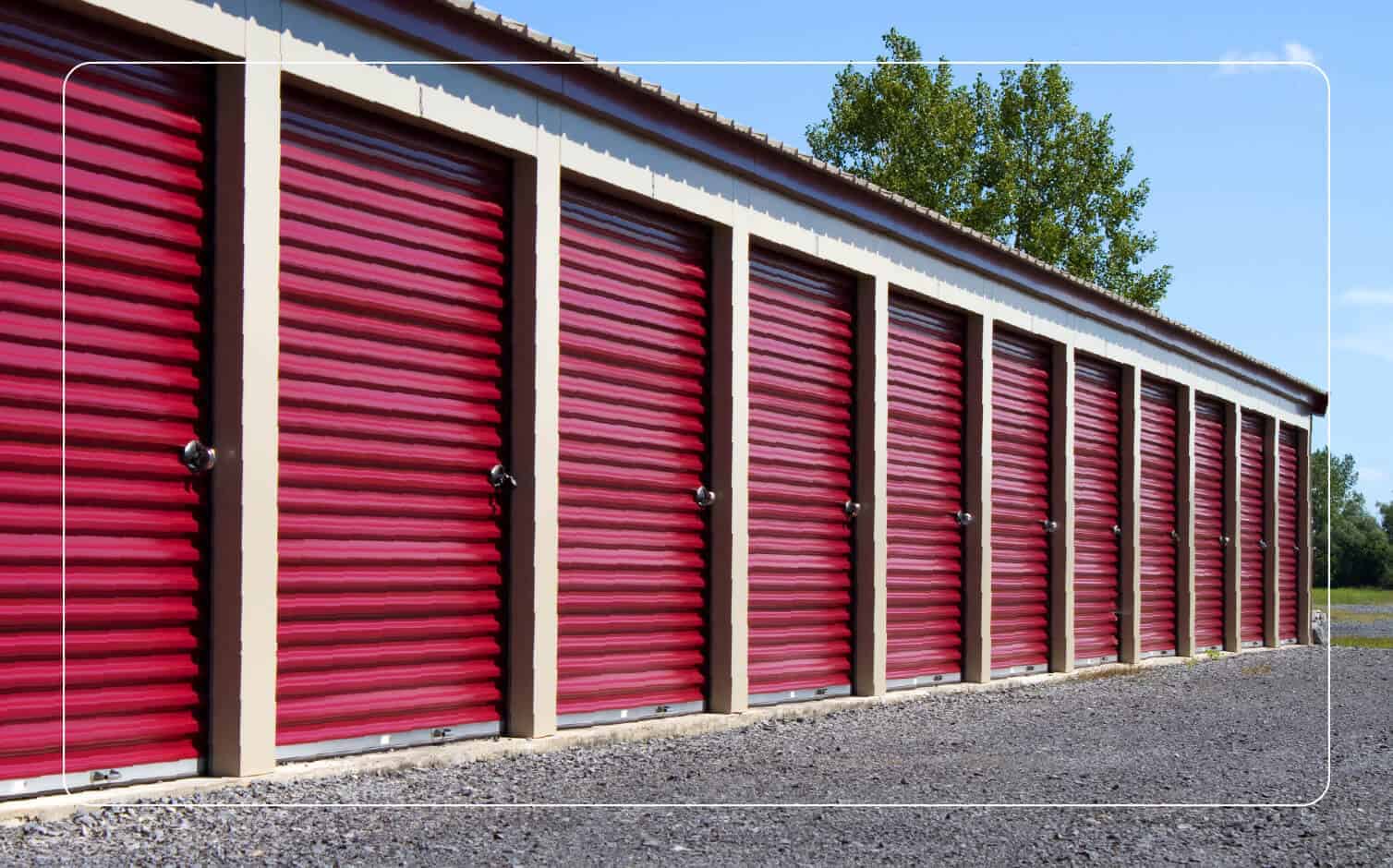 An image of a storage unit with red doors. 