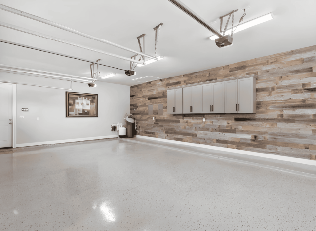 renovated garage with decorative interior wall panels