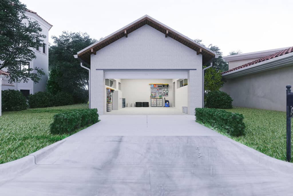 detached white garage with door open