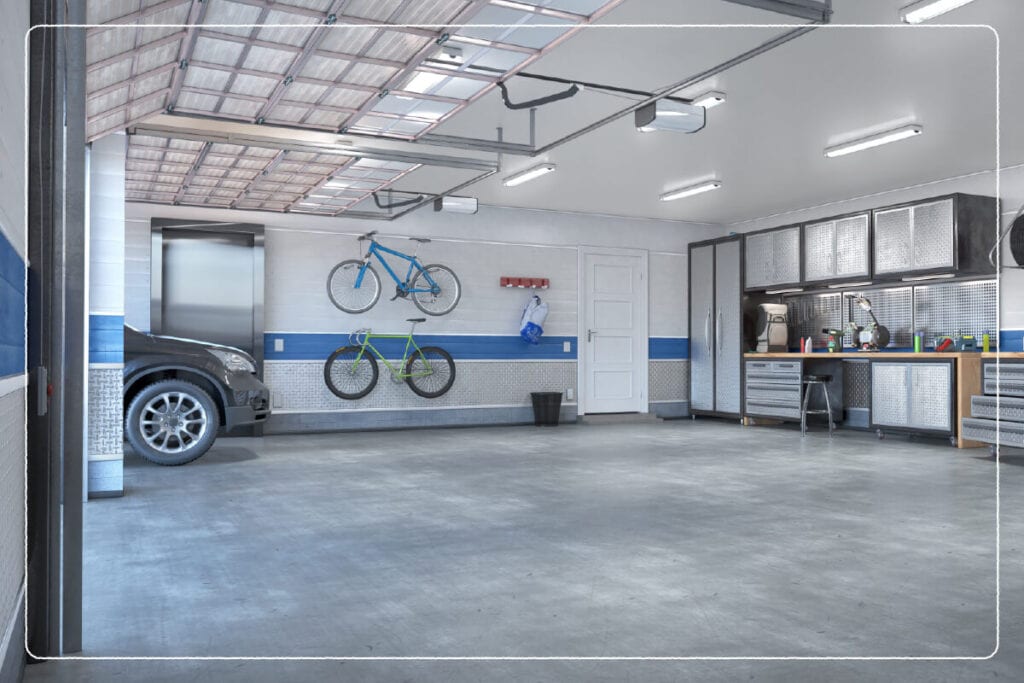 garage with silver and blue wall designs