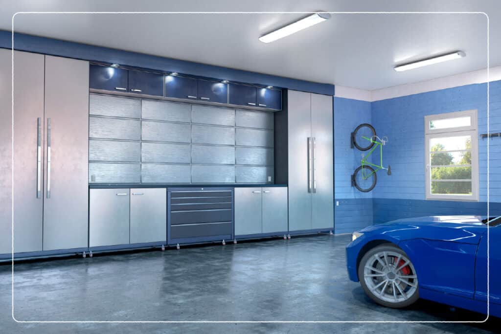 blue two toned garage walls with blue car parked inside