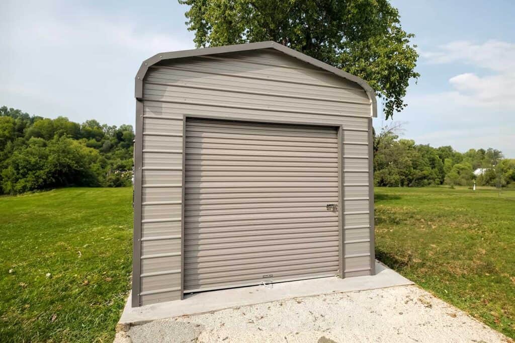 gray storage shed in a backyard