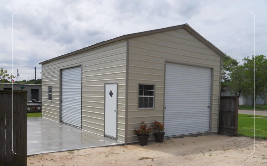 tan metal shed with garage doors