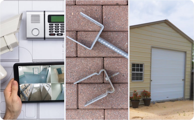 Collage of various carport accessories including a security camera system, carport anchors, and a secure garage door