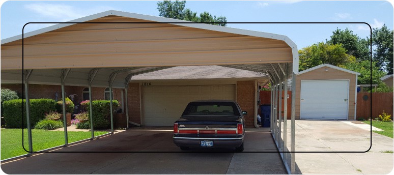 metal carport with parked car underneath in front of home