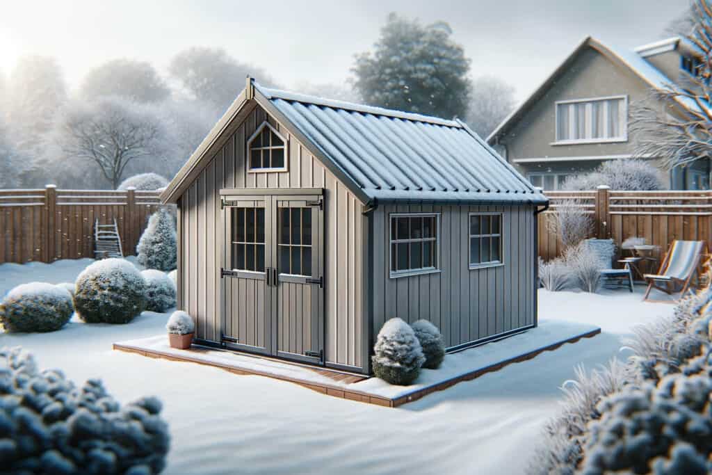 A shed in the winter snow.