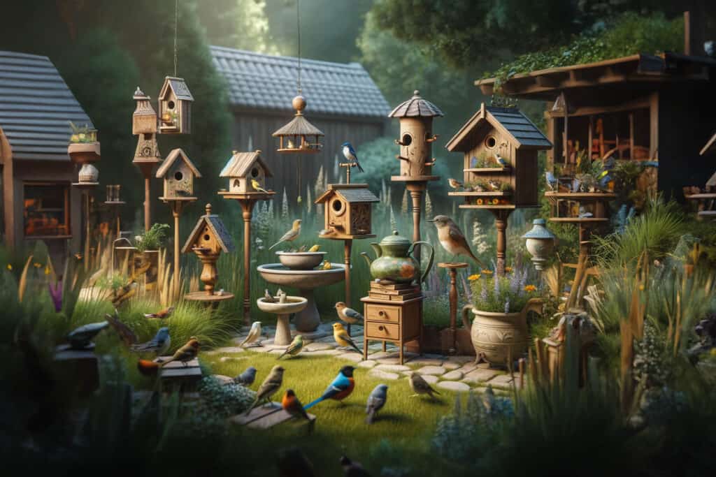 A garden filled with birds and birdhouses.
