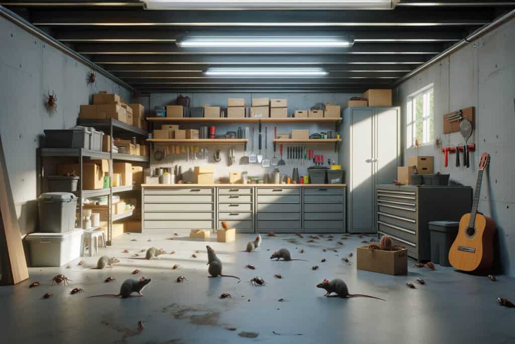 A garage filled with rats, insects, and spiders.