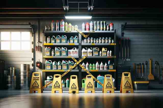 Shelf full of chemicals in a garage.