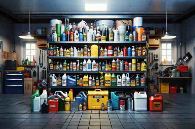 A shelf filled with chemicals in bottles.