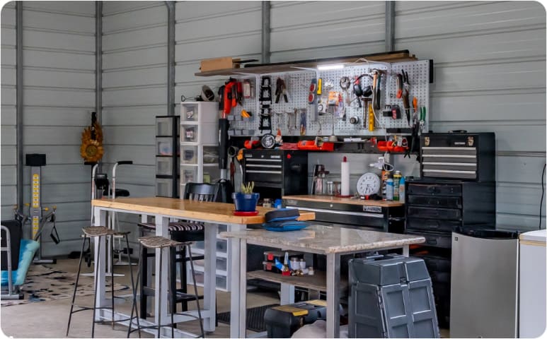 An organized workspace in a small workshop.