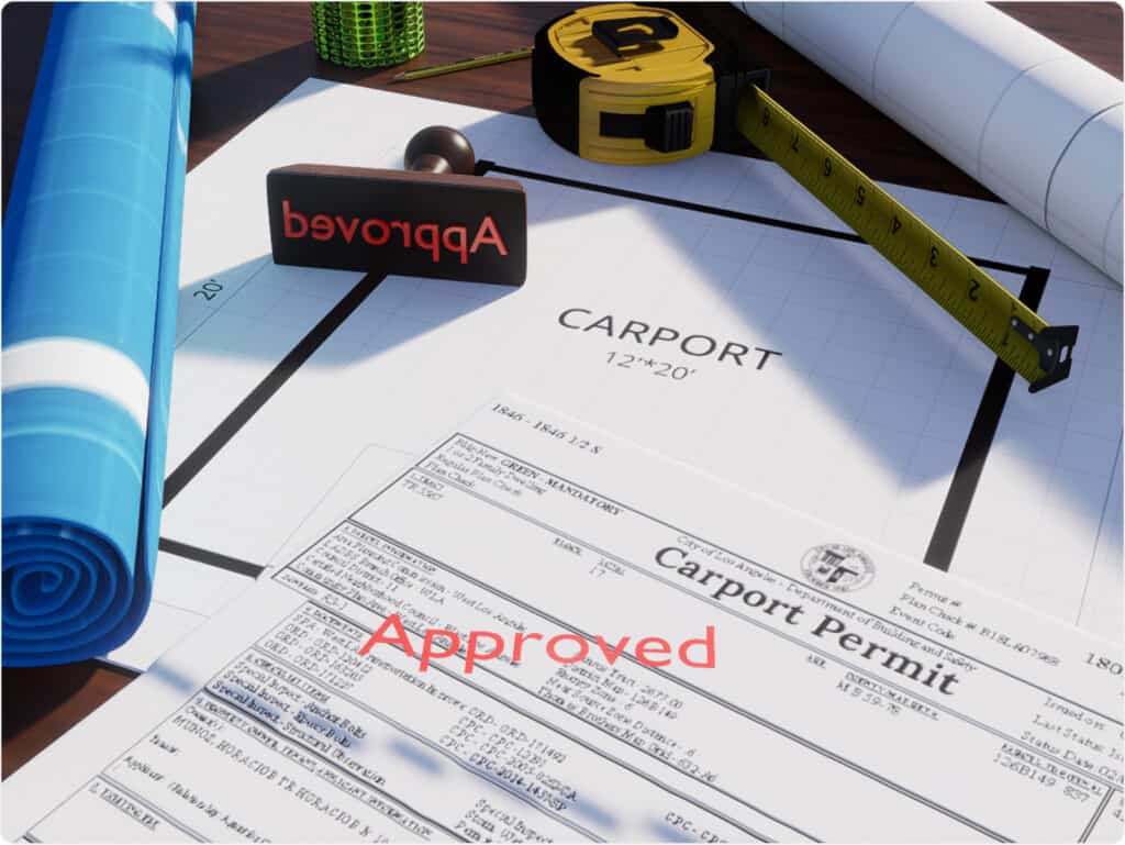 Carport building plans and blueprints next to a carport permit document stamped "approved."