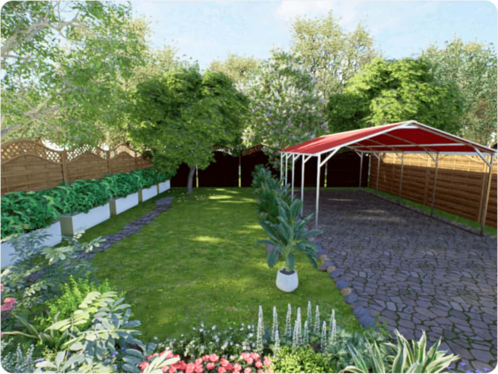 Carport landscaping that includes a grass lawn, stones and pavers, potted plants, and flowering plants.