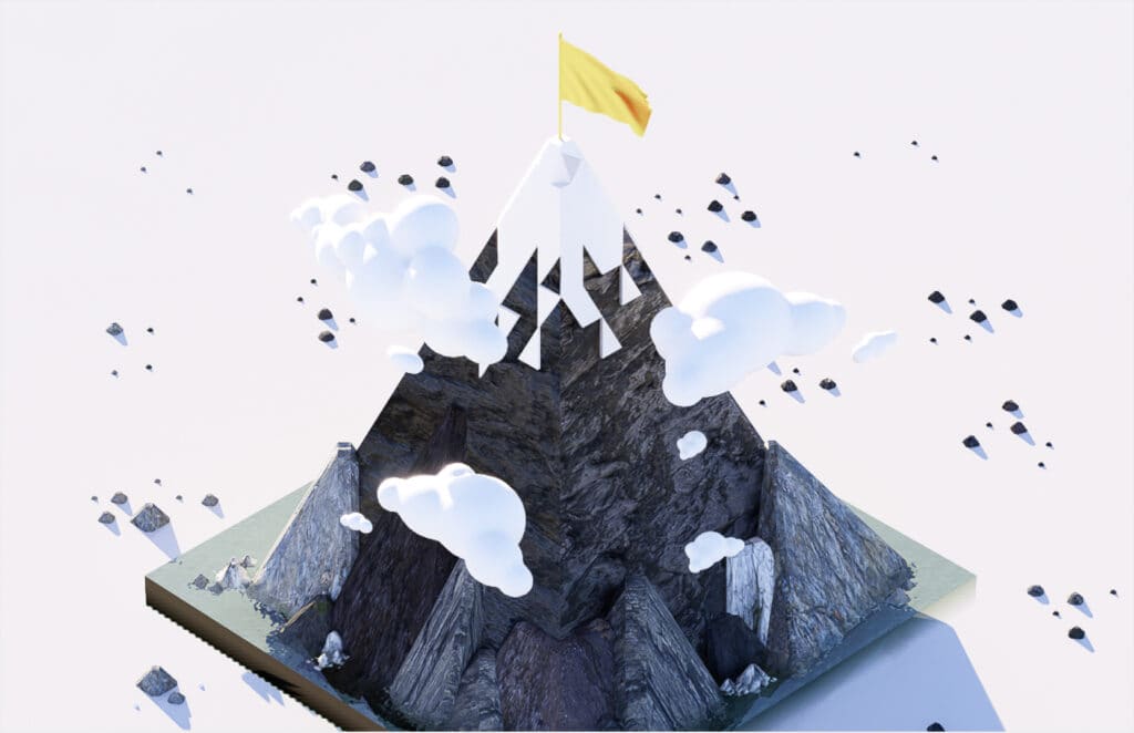 An illustration of a snow-capped mountain with a yellow flag on top.