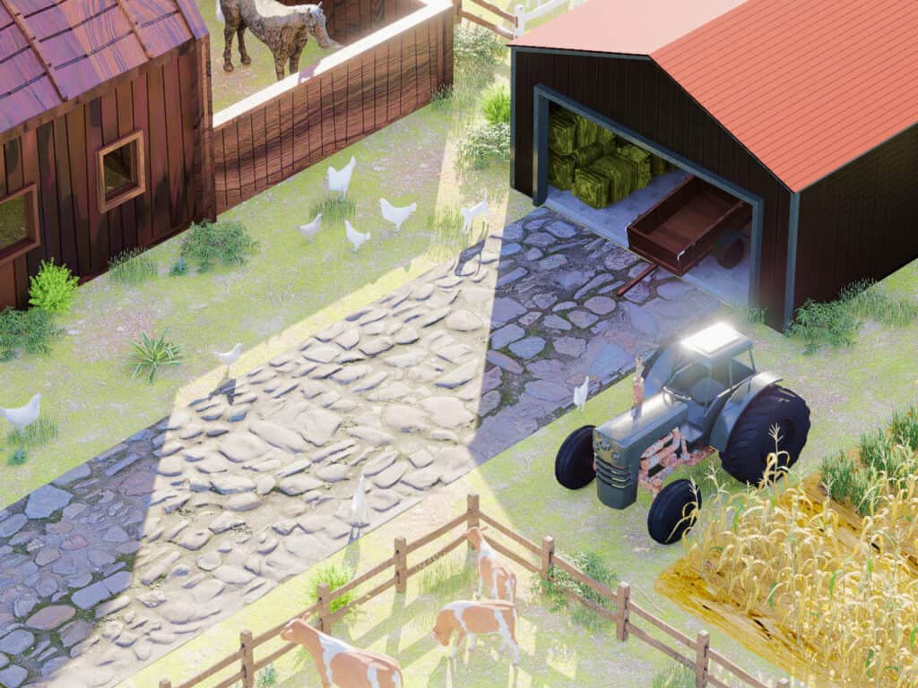 Illustration of a hobby farm or small farm business including livestock, crops, a tractor, and storage building.