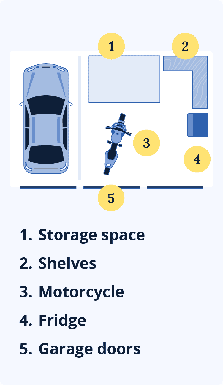 Illustration of a storage space with shelves, vehicles, and more.