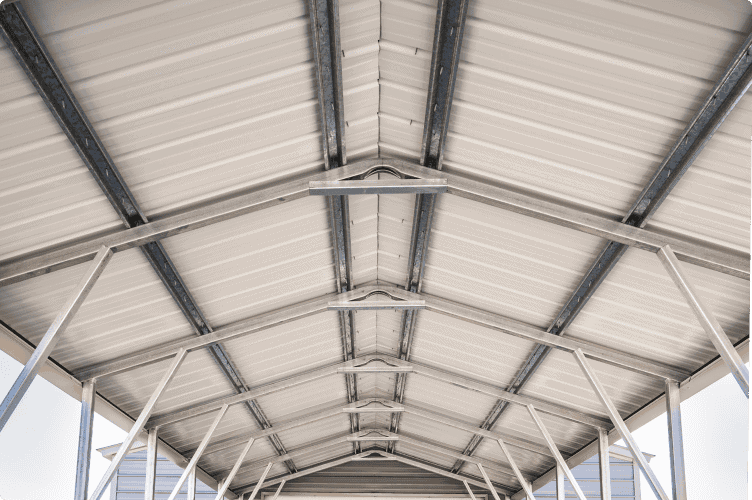 Inside view of a metal carport roof.