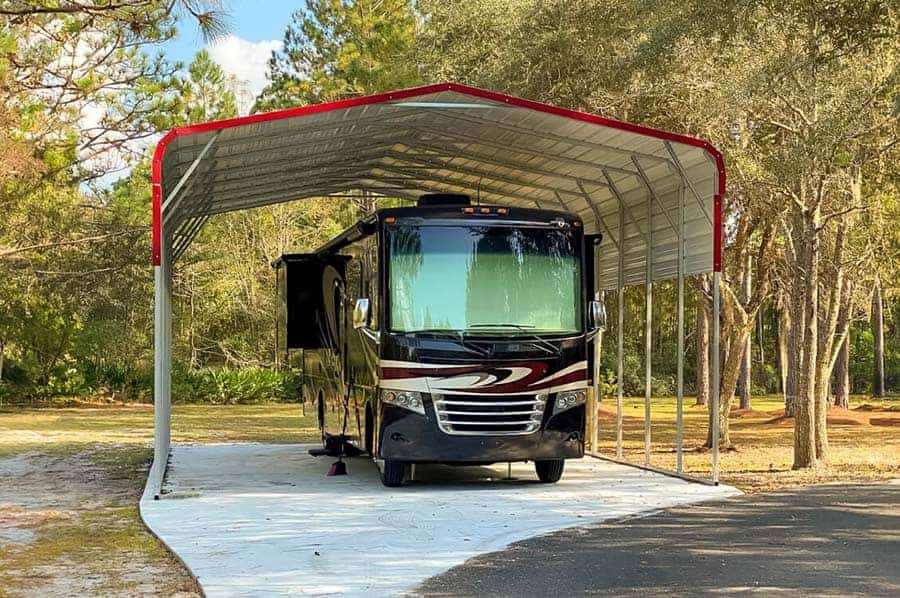 An RV carport covering an RV.