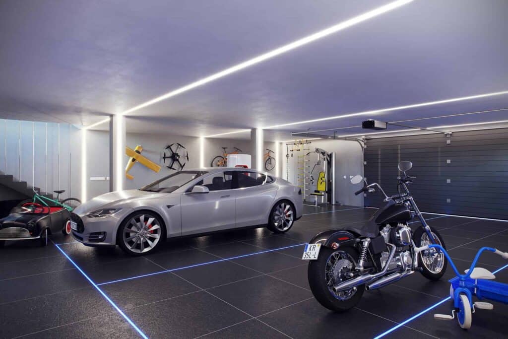 garage interior with glowing LED light strips