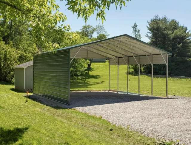 Carport with one closed side.