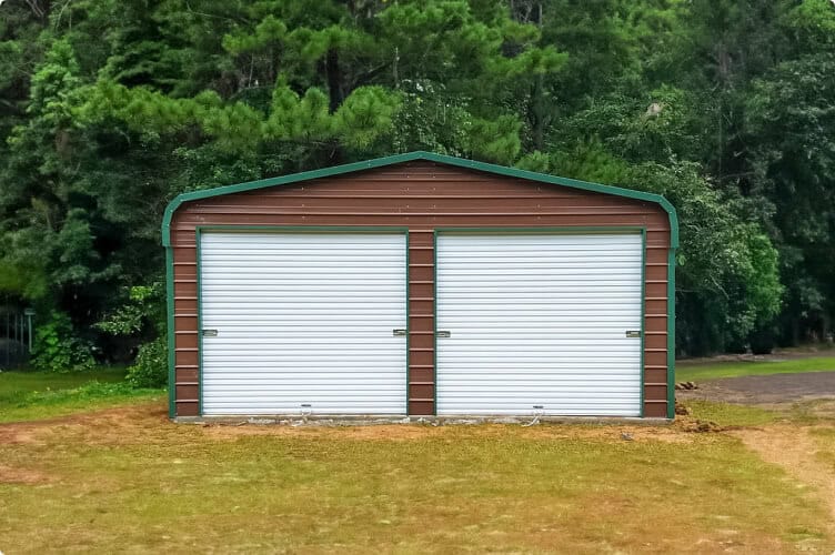 A brown garage with two garage doors.