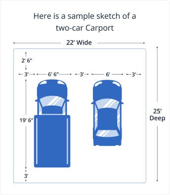 Sketch showing the dimensions of a two car carport.