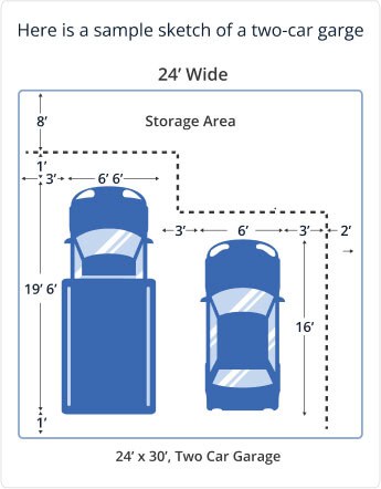 Sketch showing the dimensions of a two car garage.