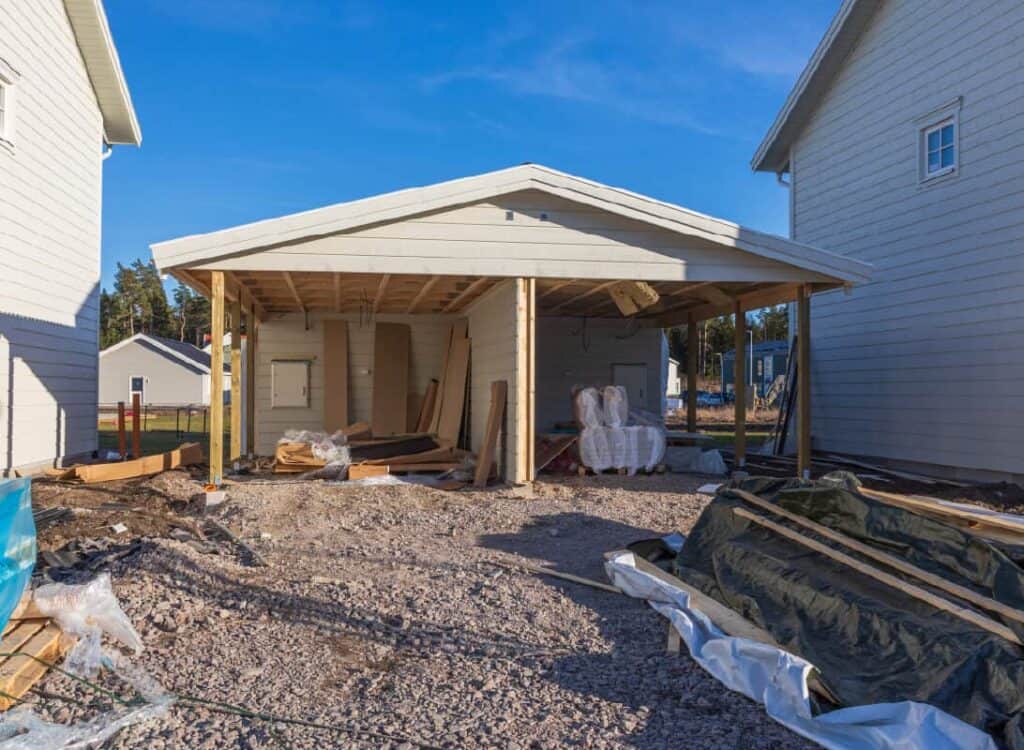 detached two-car carport during construction process