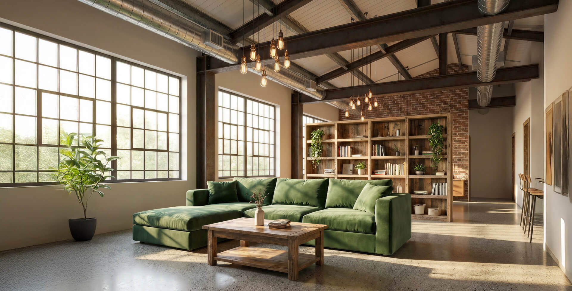 Bright industrial-style living room with a green sectional sofa, large grid windows, and exposed ceiling beams.