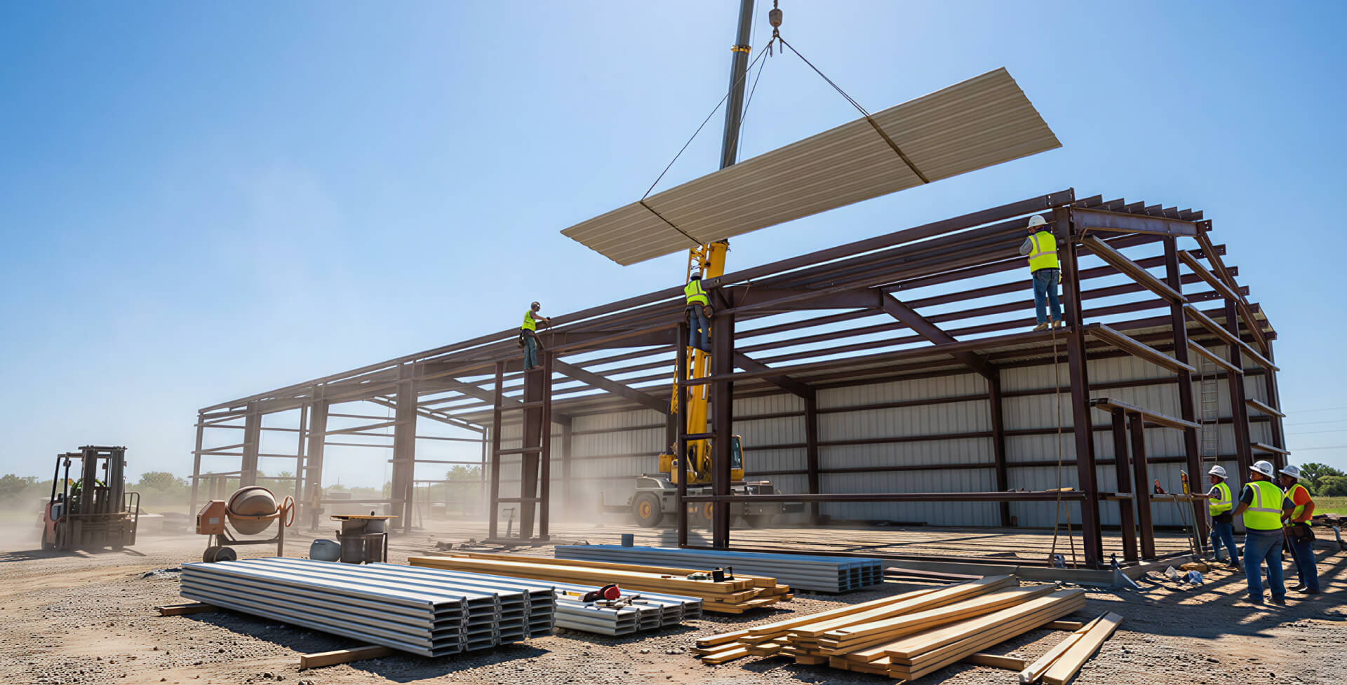 Construction crew installing metal roof panels on a large steel-frame building at an active job site.