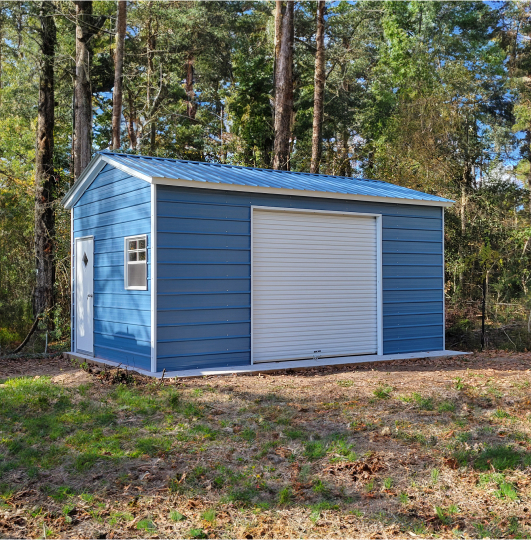 Blue garage in a forest