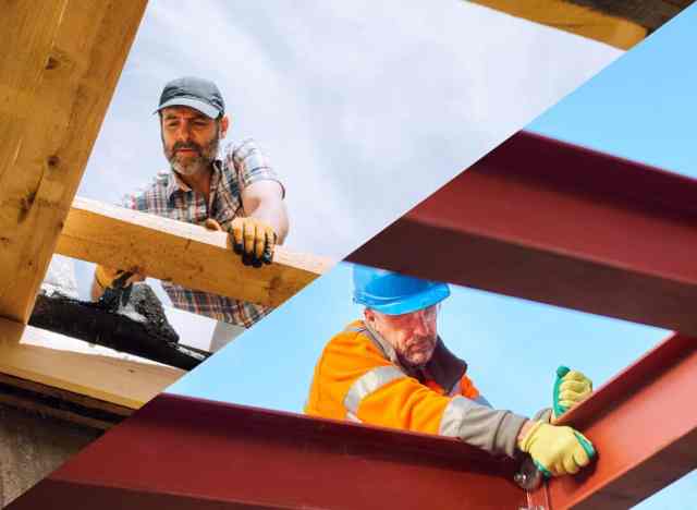 A side-by-side of a metal vs. wood building.