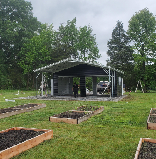 Garage on a grass field