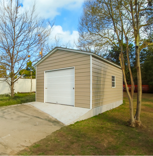 Beige garage with a white garage door