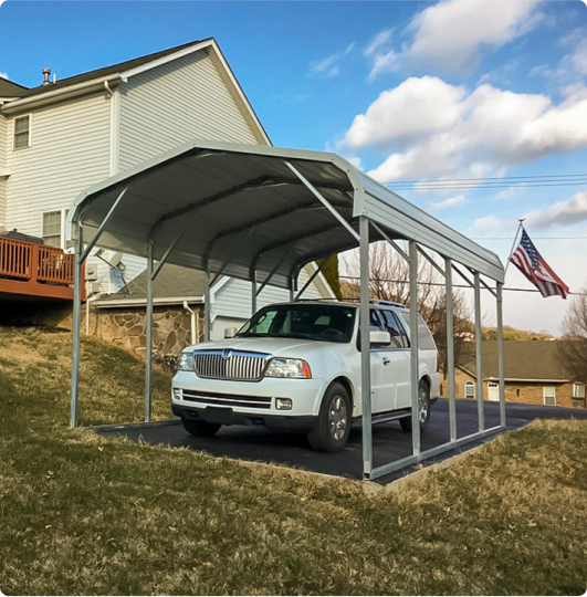 One-car carport with an American flag