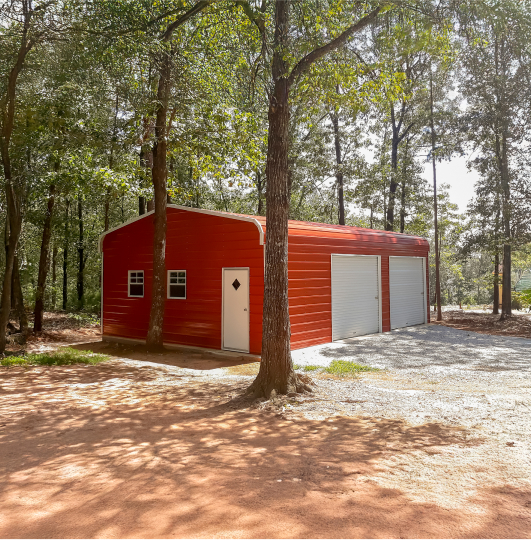 Red garage in a forest