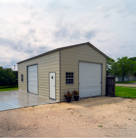 Garage with a garage door on the front and a garage door on the side