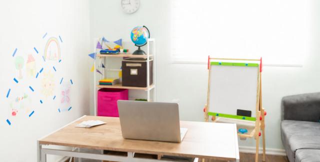 Home office and kids study area built inside a finished metal garage